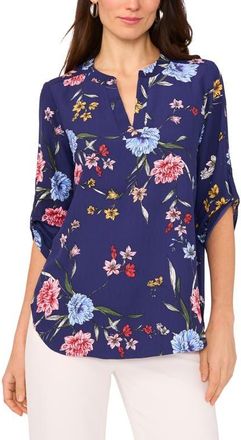 Chaus Floral Print Roll Tab Top in Navy Floral at Nordstrom, Size X-Large