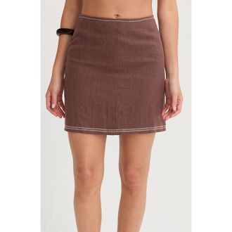 Crescent Embroidered Contrast Stitch Linen Mini Skirt in Brown at Nordstrom, Size X-Small
