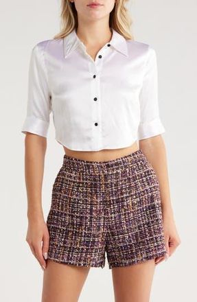 L'agence Niccola Elbow Sleeve Silk Blend Crop Button-Up Shirt in White/black at Nordstrom Rack, Size Xx-Large