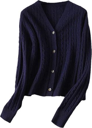Generic Womens Long Sleeve Cable Knit Sweater Wool Cardigans V Neck Jackets Navy Blue