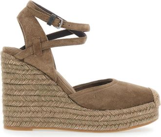 Brunello Cucinelli Su&egrave;de Espadrille Sleehakken - Dames - Sleehakken - Bruin - 39 EU - Su&egrave;de - Schoenen