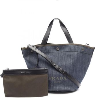 Prada Black Khaki Navy Denim Leather Handbag Pouch Tote Bag (Pre-Owned)