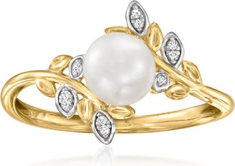 Ross-Simons 6-6.5mm Cultured Pearl Leaf Ring With Diamonds in 14kt Yellow Gold