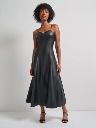 Misook Modern Fit-and-Flare Vegan Leather Princess Seam Maxi Dress
