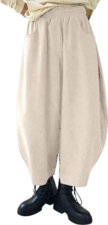 Generic Women Corduroy Barrel Pants Wide Leg Vintage Mid Baggy Pants Womens Elastic Waist Cotton Corduroy Trousers Smart Relaxed Fit Trousers Harem Trousers f