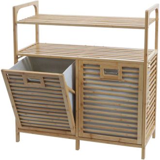 Hhg [NON UTILIZZATO] Mobile da bagno in bamb&ugrave; HHG-591, armadietto con ripiano, 2 cesti per la biancheria 2 ripiani certificato MVG 88x81x33cm