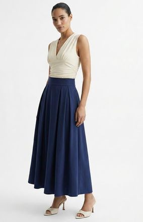 Exquise Flori Pleated Elasticated Back Midi Skirt in Navy at Nordstrom, Size X-Small