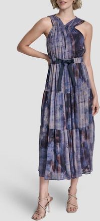 DKNY Pleated Tie Waist Chiffon Midi Dress in Hudson Lights at Nordstrom, Size Xx-Small