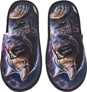 Generic Slippers For Women Purple Moon Cat Print Ladies House Slippers Lining Winter Plush Slip, For Home, Indoor Outdoor, Hotel, L