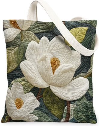 Generic Spring Quilted Magnolia Flower Canvas Tote Bag for Shopping 13x15, Floral Wildflower Reusable Grocery Print Bag for Women Men, Fun Garden Aesthetic Pa