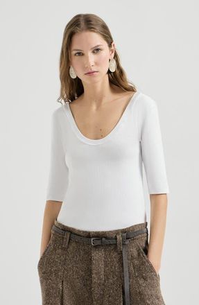 Brunello Cucinelli Stretch cotton ribbed jersey T-shirt with monili in White at Nordstrom, Size 4X-Large