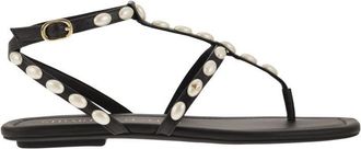 Stuart Weitzman Womens Pearlita - Thong Sandal With Pearls - Black Leather - Size EU 36