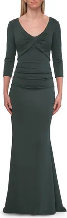 La Femme Three-Quarter Sleeve Jersey Gown with Ruched Bodice in Dark Emerald at Nordstrom, Size 14