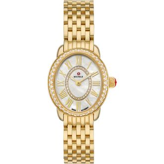 Michele Serein Oval Diamond & Mother-of-Pearl Bracelet Watch, 24mm x 27mm in Gold at Nordstrom