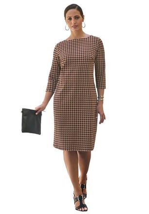 Jessica London Stretch Cotton Boatneck Shift Dress in Creamy Mocha Houndstooth at Nordstrom, Size 16