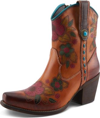L'Artiste by Spring Step Cahoots Western Booties | Hand-Painted Floral Embossed Leather Ankle Boots, Camel Multi, 9.5-10
