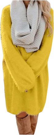 Generic Beige Knitted Dresses for Women Winter Elegant Fuzzy Fleece Long Coffee Orange Pink Jumper Round Neck Long Sleeve Loose Casual Womens Chunky Mesh Over