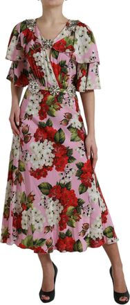 Dolce & Gabbana Womens Multicolor Floral Crystal Embellished A-Line Dress Silk Elastane