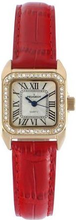 Peugeot Status Square Crystal Bezel Leather Watch - 34x24MM in Red at Nordstrom