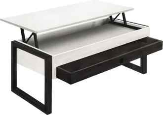 HOGAR 24 Mesa centro elevable cajón deslizante madera maciza blanco y negro