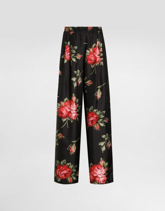 Dolce & Gabbana Rose Bouquet-print Wide Twill Trousers - Woman Pants And Shorts Multicolor 36