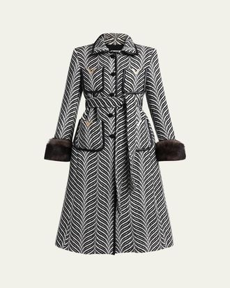 Valentino Garavani Lamb Shearling Cuff Belted Herringbone Coat
