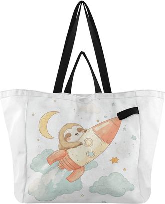 Generic Sloth White pattern Reusable Canvas Tote Bag, Heavy Duty Grocery Shopping Bag with Large Capacity Hard Bottom Double Handles Work Groceries Travel
