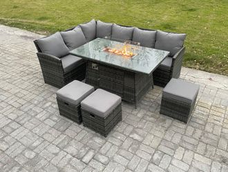 Fimous Rattan Garden Furniture High Back Corner Sofa Gas Fire Pit Dining Table Sets Gas Heater with 3 Small Footstools 9 Seater in Dark Grey