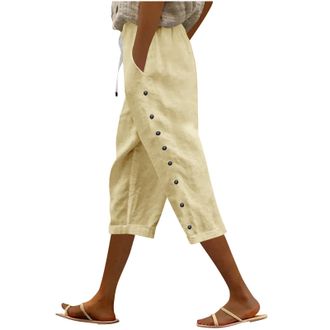 Generic Ladies Cropped Trousers 3/4 Length Trousers for Women Cotton Blend Joggers with Pocket Side Button Summer Pants Capris Straight Leg Palazzo Pants Holi