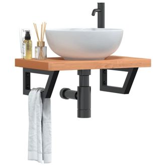 Berkfield Home Basin Shelf Wall Mounted Steel & Solid Wood Beech in Brown