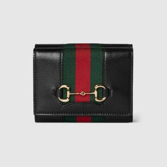 Gucci Horsebit Web Small Tri-fold Wallet, Black, Leather