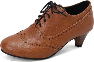 Generic Womens Brogue Detail Round Toe Lace-Up Pumps Slim Wood Heel Textured Upper Soft Inner Lining Non-Slip Adjustable Comfortable Shoes,Yellow,3.5 UK