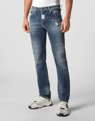 Philipp Plein Jeans Super Straight Cut Hexagon Logo Men in Bluemarlin at Nordstrom, Size 32