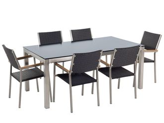 Beliani Set Da Giardino Tavolo Piano In Vetro Nero E 6 Sedie Rattan 180 X 90 Cm Grosseto