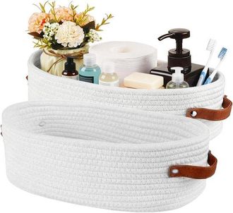OEM Due Cestini In Corda Di Cotone Intrecciata, 33 X 15 X 10 Cm, Piccoli Cestini Portaoggetti Con Manici In Pelle, Per Bagno, Camera Da Letto, Cucina E Me