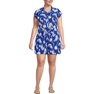 Lands End Plus Size Cap Sleeve Creaseless Button-Down Romper in Vibrant Lapis Tropic Floral at Nordstrom, Size 18W