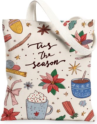 Generic Holiday Floral Canvas Tote Bags, Decorative Plant Pattern Reusable Bags, Winter Vintage Lightweight Washable Canvas for Out, Cream, 13x15 Inch