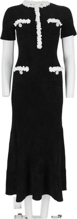 Self Portrait Black Floral Trim Ribbed Viscose-Blend Midi Dress