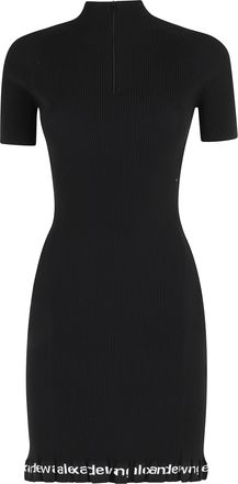 Alexander Wang Black Ribbed Ruffled Logo-Printed Polyamide-Blend Mini Dress