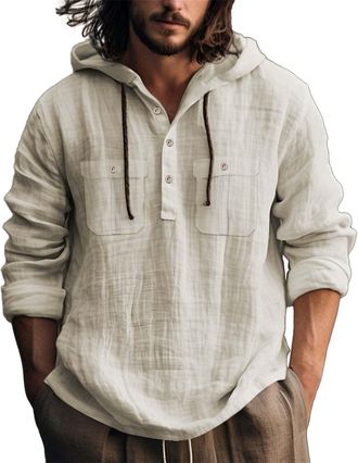 Generic Mens Casual Fashion Hooded Spring and Autumn Long Sleeved Solid Color Cotton Linen Shirt Printed Short Sleeve (Khaki, L)