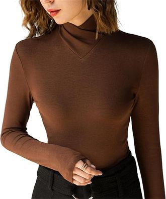 Generic Fleece Crossover Turtleneck Long Sleeve Shirts, Stretch Long Sleeve Fall Basics Bottoming Pullover Tops (Caramel,XXXL)