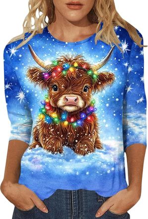 Generic Christmas Jumpers For Women Highland Cow Print Funny Christmas Sweatshirt, Ladies Xmas Tops, Round Neck 3/4 Sleeve Oversized Animal Graphic Holiday La
