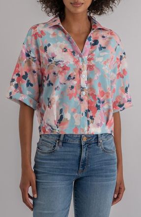 Kut from the Kloth Donna Floral Short Sleeve Button-Up Shirt in Sky at Nordstrom, Size X-Large