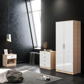 Elegant Lighting White/Oak Modern High Gloss Wardrobe and Cabinet Furniture Set Bedroom 2 Doors Wardrobe and 4 Drawer Chest and Bedside Cabinet - Elegant