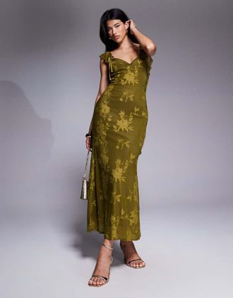 Asos Vestito lungo con spalline sottili e volant verde oliva-Marrone