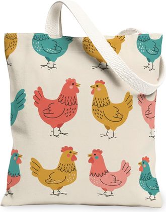 Generic Chickens Pattern Canvas Tote Bags, Farm Animal Design Reusable Bags, Summer Vintage Lightweight Washable Shoulder Strap Can, Beige, 13x15 Inch