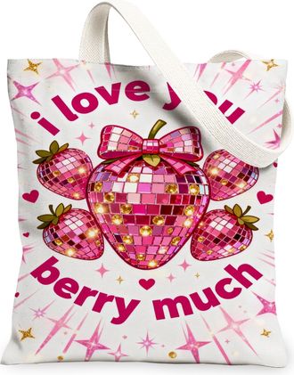 Generic Strawberry Disco Canvas Tote Bags, Colorful Fruit Pattern Reusable Bags, Summer Fun Lightweight Washable Canvas for Outdoor, Peach, 13x15 Inch