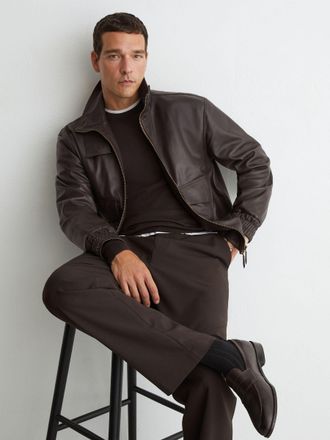Reiss Bordeaux Leather Oversized Funnel-neck Jacket, XL