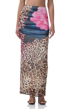 AFRM Bevin Printed Ruched Mesh Maxi Skirt in Animal Block Peony at Nordstrom, Size X-Large