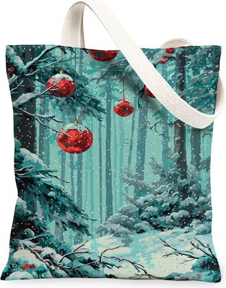 Generic Winter Forest Canvas Tote Bags, Holiday Ornaments Design Lightweight Washable Shoulder Strap Grocery Bags for Travel Shopping Beach Picnic 13x15 Inch